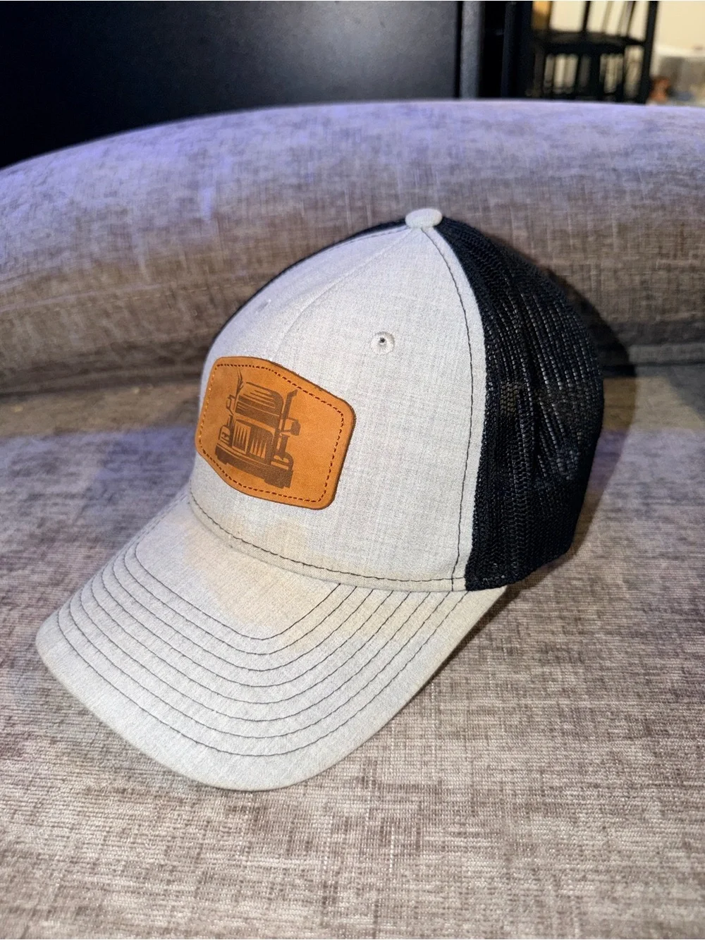 FIERCE 901 Trucker Hat Gray Black Semi Truck Leather Patch Snapback